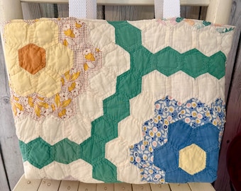 Vintage Grandmother’s Flower Garden Quilt Bag | Handmade Farmhouse Patchwork Crossbody Tote