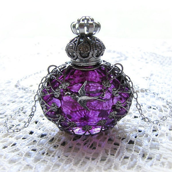 Glass Perfume Bottle Necklace Purple Filigree Wrapped With Bird Antiqued Silver