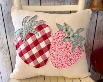 Farmhouse Strawberry Pillow – Handmade Vintage Grain Sack Applique Cushion – Cottage Core Home Decor
