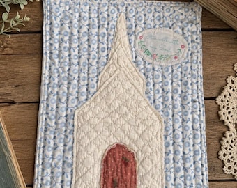 Handmade Vintage Quilt Church Panel | Primitive Farmhouse Wall Decor | Feedsack & Antique Quilt Textile Art | Rustic Cottage Decor