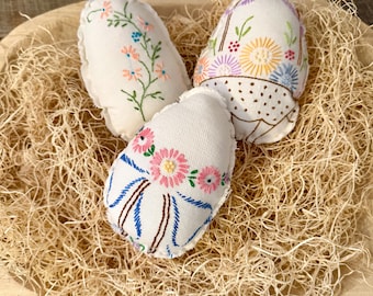 Vintage Embroidered Easter Eggs Made With Vintage Linens, Set Of Three