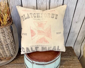 Vintage Feed Sack Pillow, Blatchfords Calf Meal