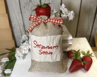 Strawberry Seed Sack, Burlap Sack, Tiered Tray Decor, Strawberry Kitchen Decor, Mini Farmhouse Decor