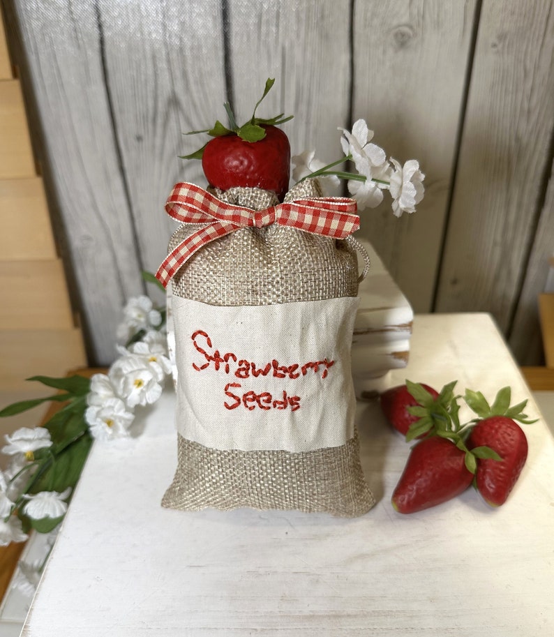 Strawberry Seed Sack, Burlap Sack, Tiered Tray Decor, Strawberry Kitchen Decor, Mini Farmhouse Decor image 1