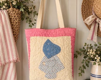 Vintage Sunbonnet Sue Quilt Tote Bag – Handmade Quilted Farmhouse Shoulder Bag – Vintage Textile