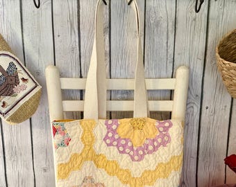Vintage Grandmother’s Flower Garden Quilt Tote Bag | Handmade Quilted Tote with Canvas Straps