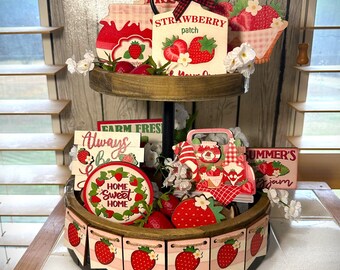 Strawberry Tiered Tray Bundle, Summer Strawberries, Strawberry Kitchen Decor