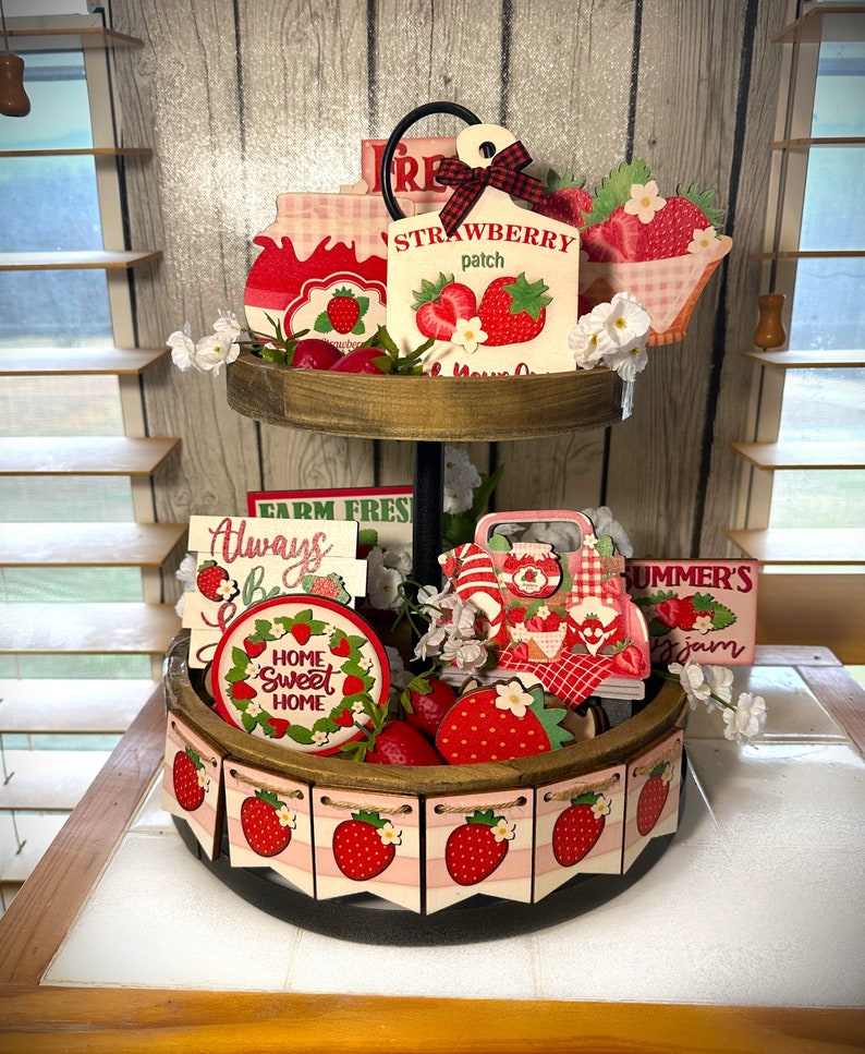 Strawberry Tiered Tray Bundle, Summer Strawberries, Strawberry Kitchen Decor image 1