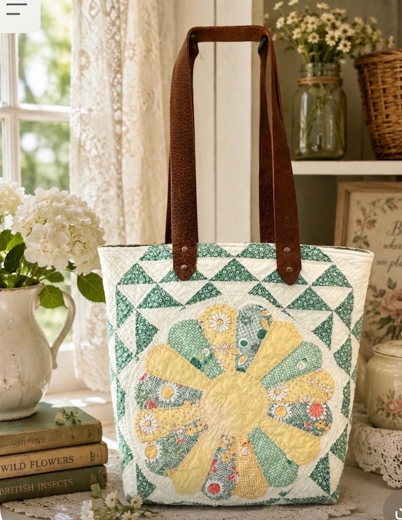 Handmade Vintage 1930s Quilt Tote Bag , Dresden Plate Quilt Purse , Leather Strap , One-of-a-Kind Farmhouse Shoulder Bag , Ocean Waves Quilt