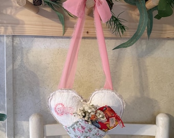 Quilted Fabric Heart Peg Rail Vintage Quilt Valentines Heart Wall Pocket Peg Rail Hanger Repurposed