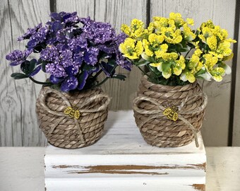 Mini Fake Potted Flowers, Tiered Tray Decor, Decorative Trays, Purple flowers, Yellow Flowers, Small, Miniature, Artificial Plants