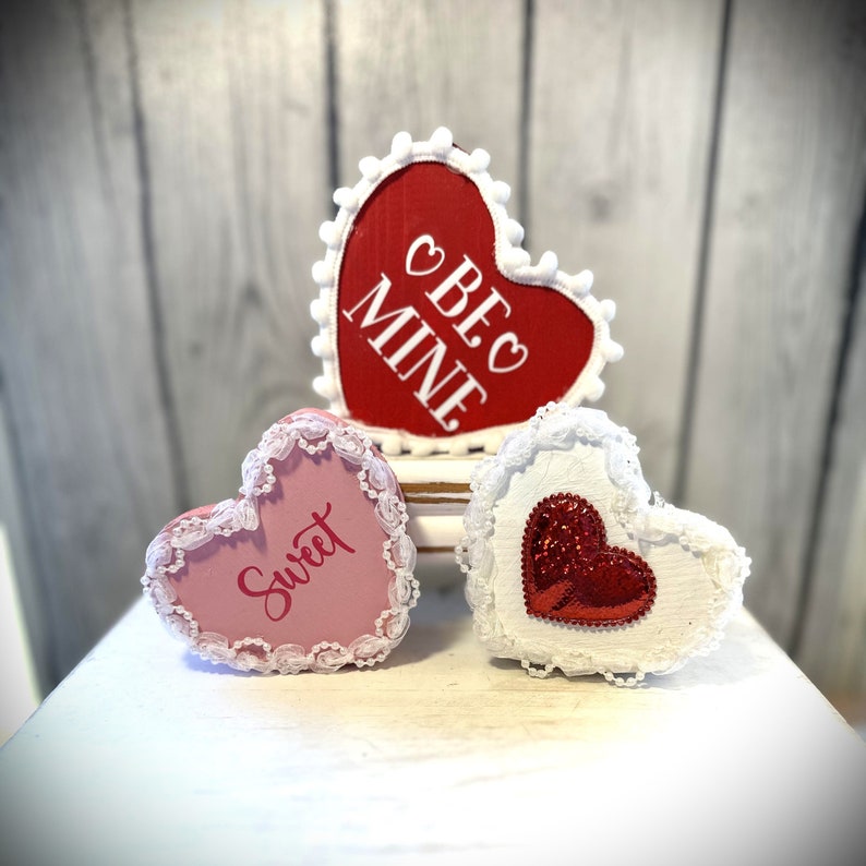 Wood Valentine Hearts, Chunky Hearts, Tiered Tray Decor, Wood Decorated Hearts image 1