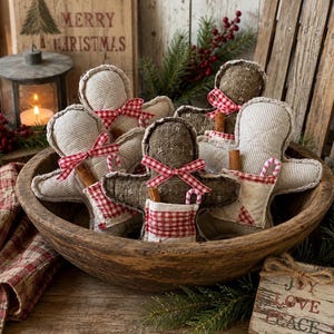 Rellenos hechos a mano para cuencos de pan de jengibre con forma de colcha vintage, con bolsillo de palitos de canela y bastones de caramelo de imitación / Decoración navideña rústica de granja /