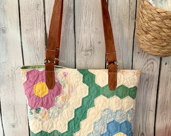 Antique 1930s Flower Garden Quilt Tote Bag | Handmade Vintage Quilt Purse | Leather Strap Tote | Cottagecore Farmhouse Bag