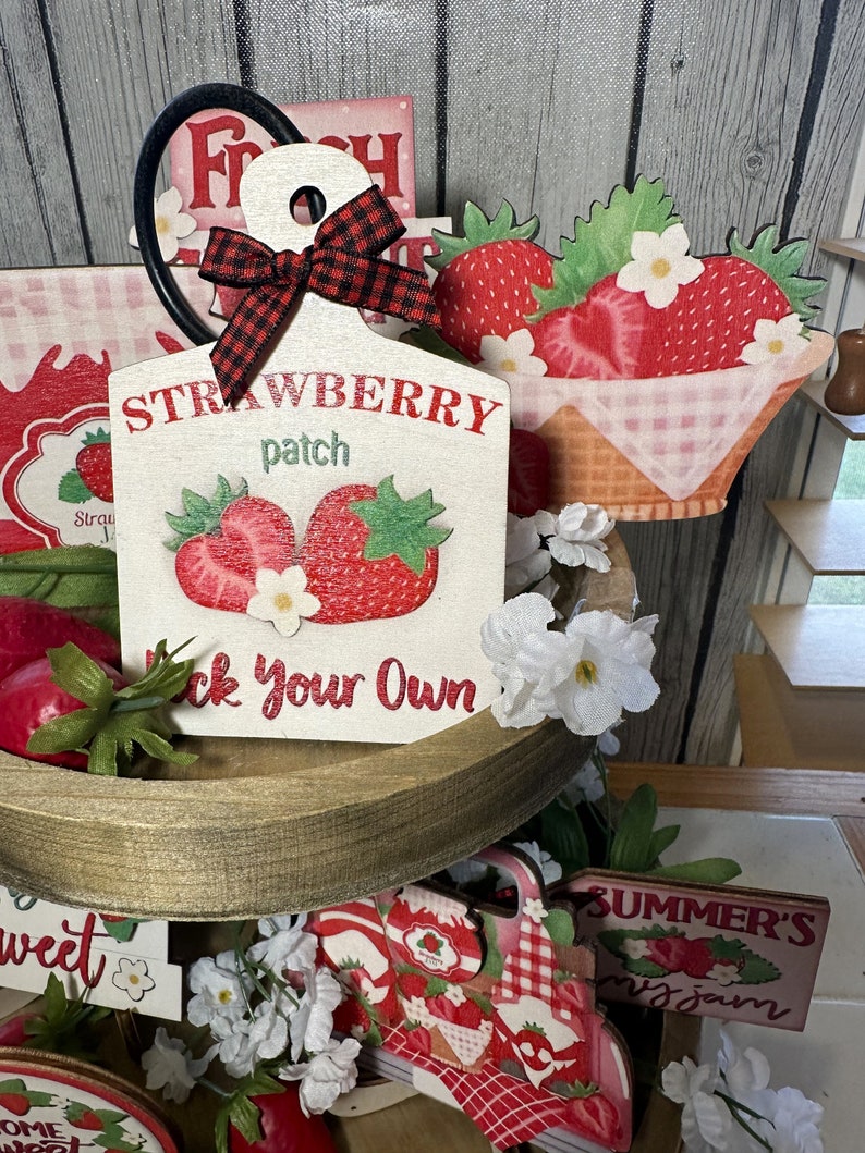 Strawberry Tiered Tray Bundle, Summer Strawberries, Strawberry Kitchen Decor image 3