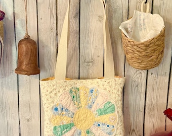 Antique Quilt Tote Bag, Quilted Shoulder Bag, Dresden Plate Quilted Patchwork Tote Bag, Handmade Floral Cotton Shoulder Bag, Cottagecore