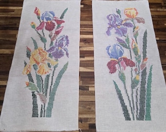 2 Vintage Botanical Cross Stitch Pieces Iris Floral Colorful Completed Handmade MCM