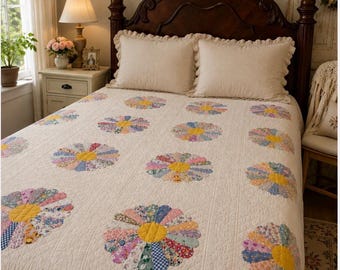 Vintage Dresden Plate Quilt | Feedsack Fabric | Hand Quilted | 76" x 68" | Pink Backing | Antique Farmhouse Bedding | Collector