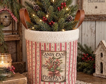 Handmade Quilted Christmas Basket Bag – Candy Cane Holiday Fabric Basket – Leather Handles – Rustic Farmhouse Christmas Décor