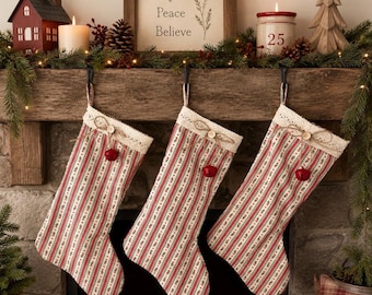 Handmade Homespun Country Christmas Stocking | Rustic Farmhouse Holiday Stocking | Lined Primitive Christmas Décor