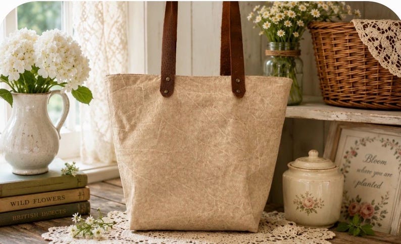 Puede incluir: Un bolso tote de color beige con una superficie texturizada similar al papel y dos asas de cuero marr&oacute;n oscuro sujetas con remaches met&aacute;licos. El bolso tiene una forma rectangular con una base ancha y se mantiene erguido en tono beige.