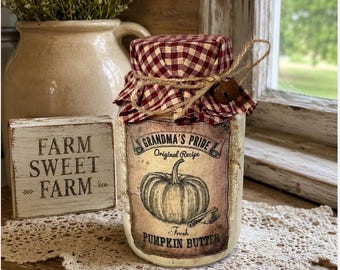 Primitive Pumpkin Butter Jar: Grungy Farmhouse Fall Decor