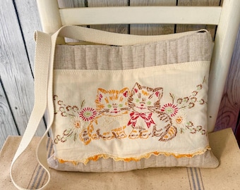Vintage Embroidered Cat Linen Tote Bag-Handmade Farmhouse Crossbody Purse