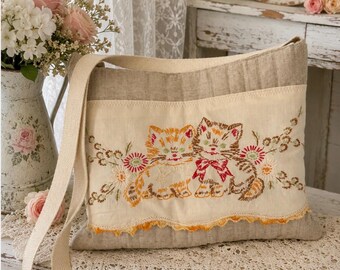 Vintage Embroidered Cat Linen Tote Bag-Handmade Farmhouse Crossbody Purse
