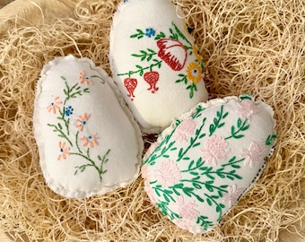 Vintage Embroidered Easter Eggs Made With Vintage Linens, Set Of Three