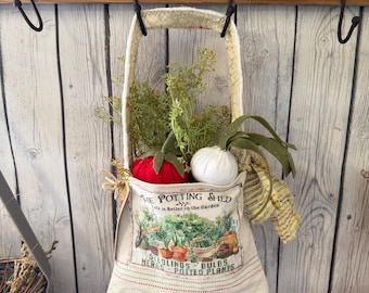 Vintage Grain Sack Peg Rail Bag with Faux Tomato Onion & Carrot. Market Bag | Rustic Hanging Pocket | Cottage Kitchen Wall decor,