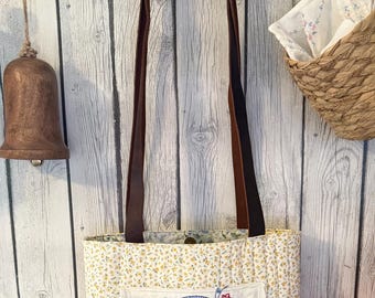 Vintage Embroidered Kitten Basket Tote Bag | Quilted Cottagecore Purse with Genuine Leather Straps