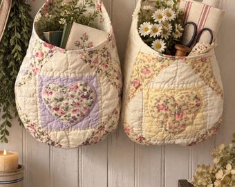 Vintage Quilt Hanging Basket – Handmade Floral Heart Peg Rail Bag – Cottage Farmhouse Storage – Lavender or Yellow