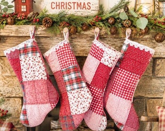 Patchwork Vintage Quilted Christmas Stocking ,Farmhouse Christmas, Old Fashioned Christmas Decor, Red & White Country Christmas Stocking