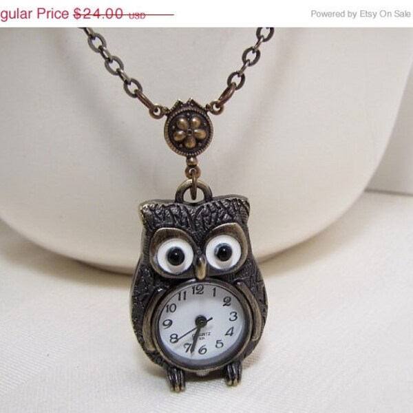 Black Friday Sale Owl Watch Necklace, Cute, Clock, Timepiece , Jewelry