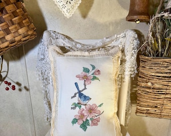 Vintage Cross Stitch Blue Bird Matelassé Pillow Cream Ivory Spring