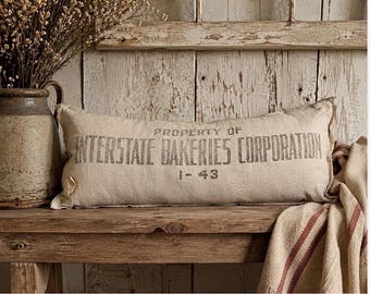 Vintage Grain Sack Pillow | Interstate Bakeries Feed Sack Pillow | Primitive Farmhouse Rustic Accent Cushion | Handmade Farmhouse Decor