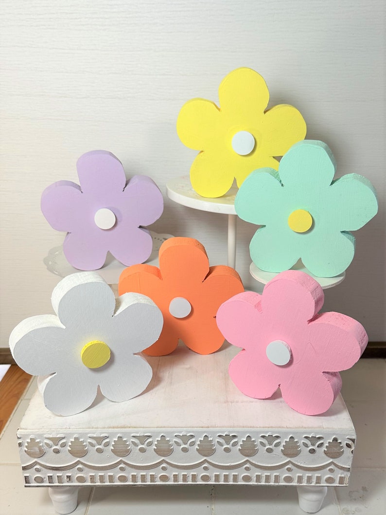 Wood Spring Flowers, Chunky Wood Flowers, Tiered Tray Decor, Window Decor, Summer Flower Decor, Pastel Flowers, Fake Flowers, Faux Flowers, image 1