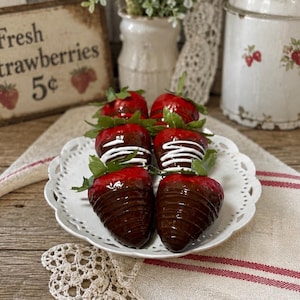 Faux Chocolate Covered Strawberries, Set Of Six, Valentines Decor, Tiered Tray Decor, Gourmet Fake Strawberries 画像 1