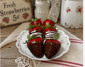 Faux Chocolate Covered Strawberries, Set Of Six, Valentines Decor, Tiered Tray Decor, Gourmet Fake Strawberries