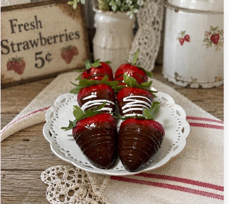 Faux Chocolate Covered Strawberries, Set Of Six, Valentines Decor, Tiered Tray Decor, Gourmet Fake Strawberries 画像 1
