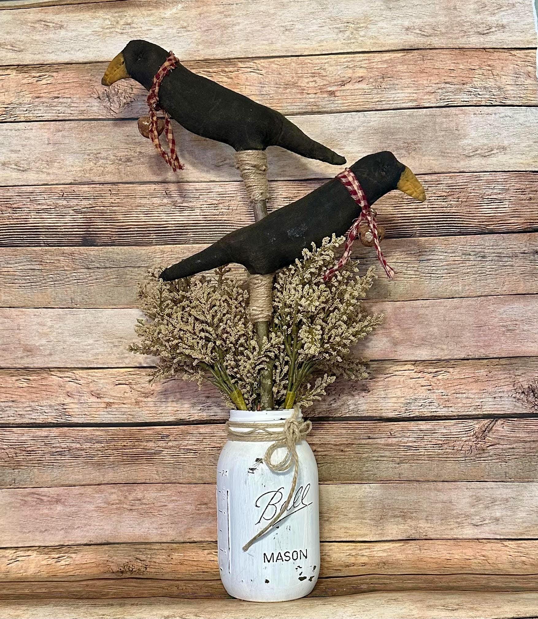 Primitive Crow On A Stick, Crow Pokes, Grungy Halloween Crow, Farmhouse Crow Decor, Crock Pokes