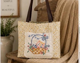 Vintage Embroidered Kitten Basket Tote Bag | Quilted Cottagecore Purse with Genuine Leather Straps