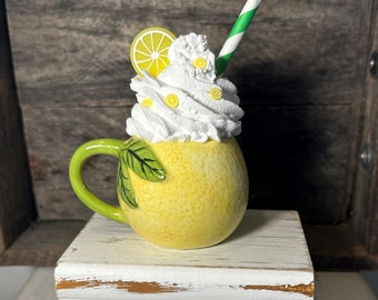 Lemon Miniature Mug with Faux Whipped Topping, Tiered Tray Decor, Lemon Decor