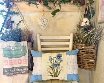 Vintage Cross Stitch Iris Pillow – Handmade Floral Needlework Cottage Decor
