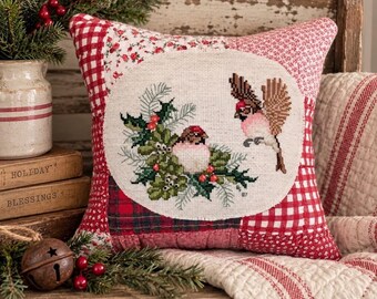 Vintage Cross Stitch Christmas Bird Pillow | Vintage Quilt Patchwork Pillow | Handmade Farmhouse Christmas Decor | 11x11