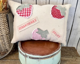 Vintage Grain Sack Strawberry Pillow – Farmhouse Quilted Accent