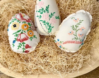 Vintage Embroidered Easter Eggs Made With Vintage Linens, Set Of Three