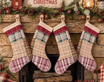 Handmade Quilted Christmas Stocking | Rustic Patchwork Plaid Stocking | Primitive Country Farmhouse Christmas Decor