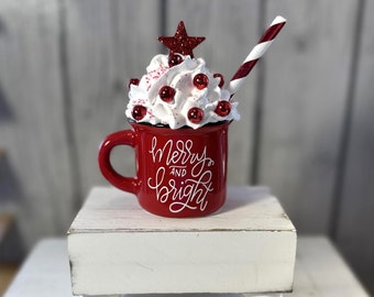 Red Christmas Mini Mug, Merry And Bright Miniature Mug With Faux Whipped Cream, Tiered Tray Decor