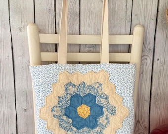 Vintage Grandmother’s Flower Garden Quilted Tote Bag | Handmade Cottagecore Purse with Canvas Straps